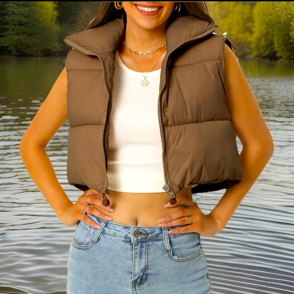 Seta T Stand Collar Crop Puffer Vest Lightweight Sleeveless Full Zip Toggle Top